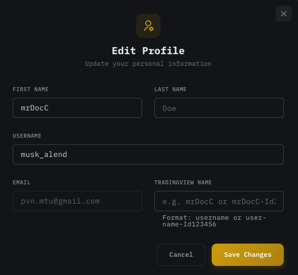 mrD-Indicators Edit Profile dialog showing First Name, Last Name, Username, Email and TRADINGVIEW NAME fields — the TradingView name accepts the bare username or the username-Id123456 long-form format