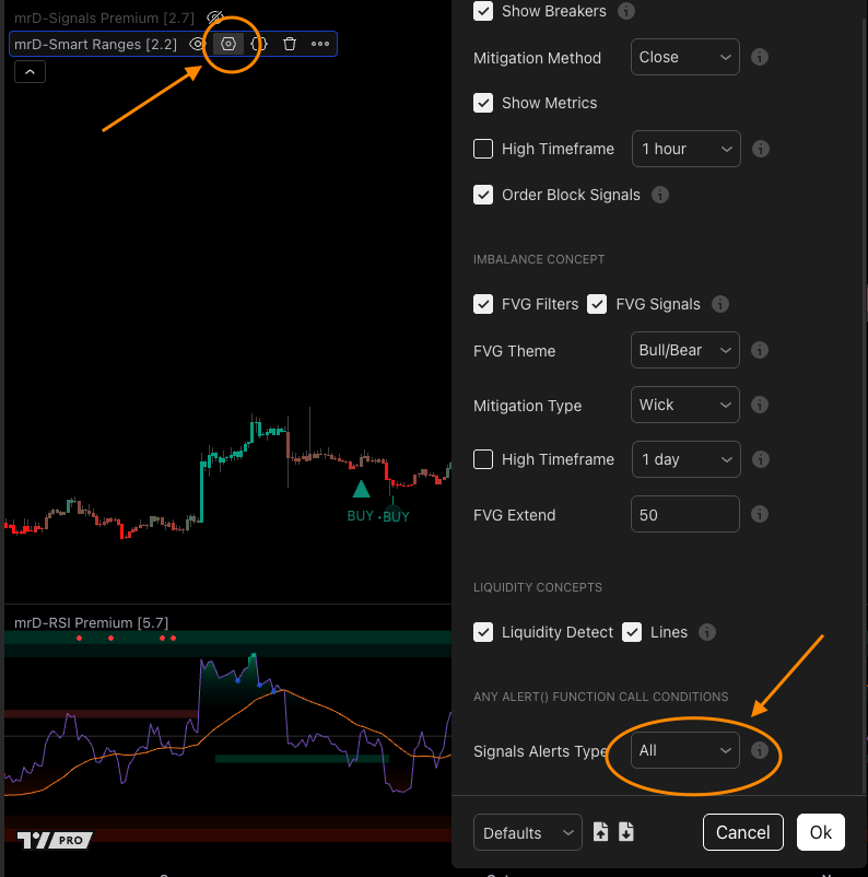 Alert configuration inside mrD-Smart Ranges — TradingView Create Alert dialog with Condition set to mrD-Smart Ranges, dropdown selecting Any alert() function call, frequency Once Per Bar Close, and notification options for push / email / webhook