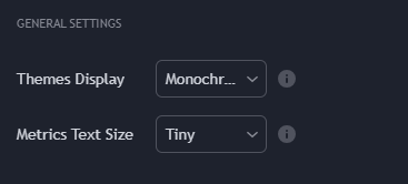 General Settings panel inside mrD-Smart Ranges — Themes Display dropdown and Metrics Text Size selector