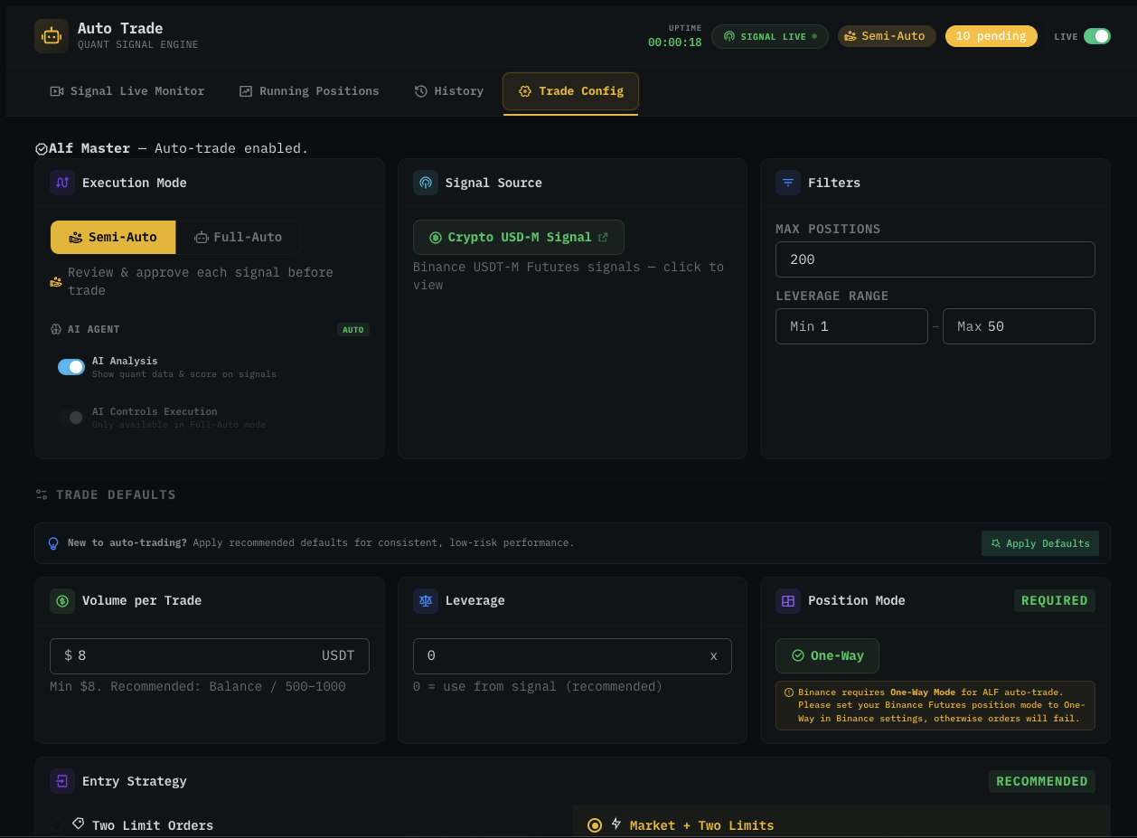 Trade Defaults section showing Volume per Trade card with 8 USDT input and recommended formula Balance divided by 500 to 1000, Leverage card with 0 default value labelled use from signal, and Position Mode card fixed at One-Way with Binance compatibility note